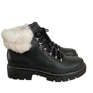 Marc Fisher Leather and Shearling Trim Lace Up Lug Sole Boots Black New Size 8